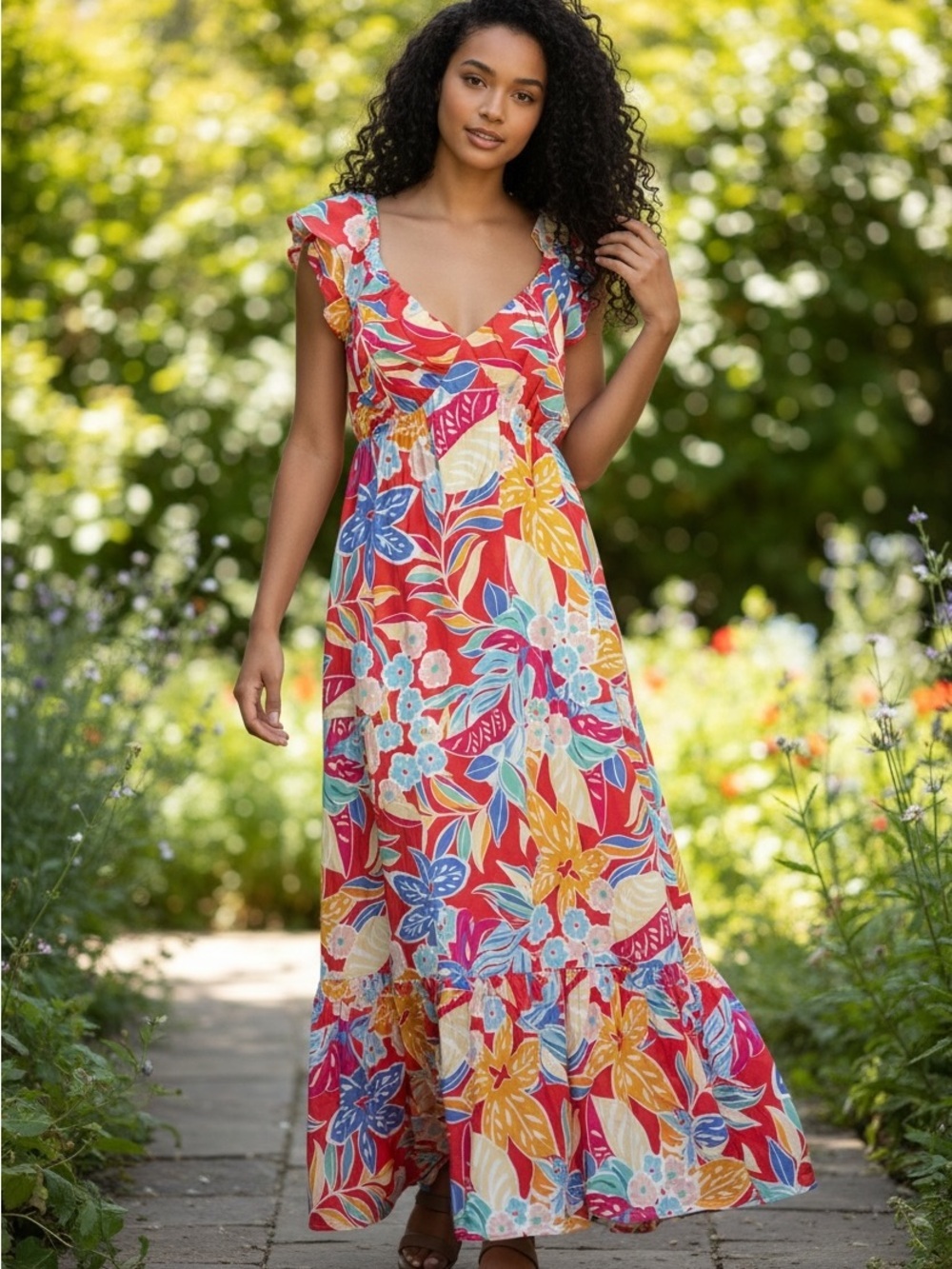 NWT ODDI Tropical Floral Maxi Dress Flutter Sleeve Women’s Large
